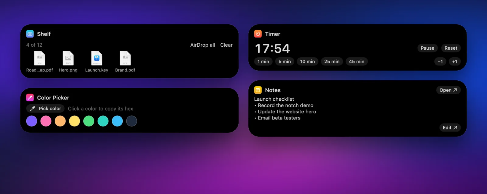 Four cards: a file shelf with four files and AirDrop all, a timer with presets, a colour picker with eight saved colours, and a note.